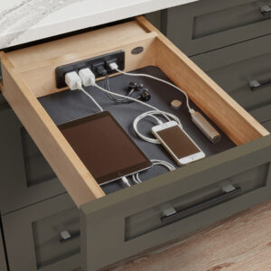 Maple drawer with 4 charging ports installed to the back of the drawer. Featuring a shock absorbent grey mat